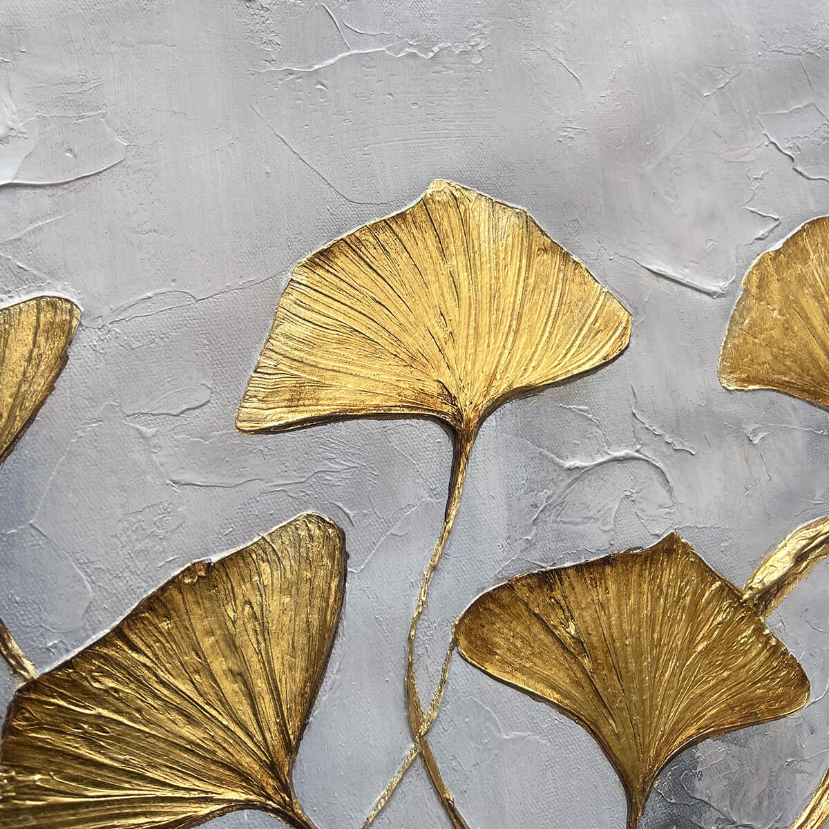 GOLDEN WHISPERS: Textured Ginkgo Leaf Oil Painting in Gold