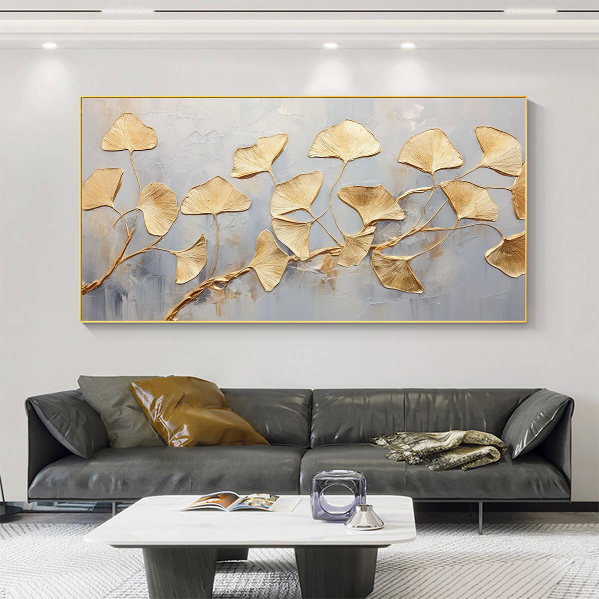 GOLDEN WHISPERS: Textured Ginkgo Leaf Oil Painting in Gold