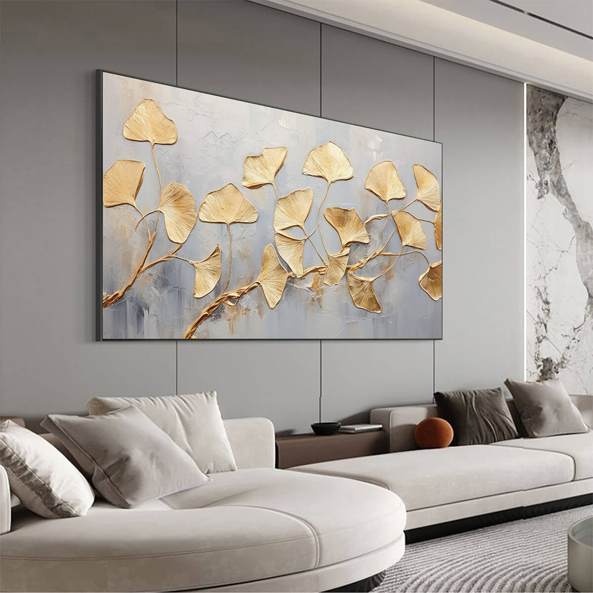 GOLDEN WHISPERS: Textured Ginkgo Leaf Oil Painting in Gold