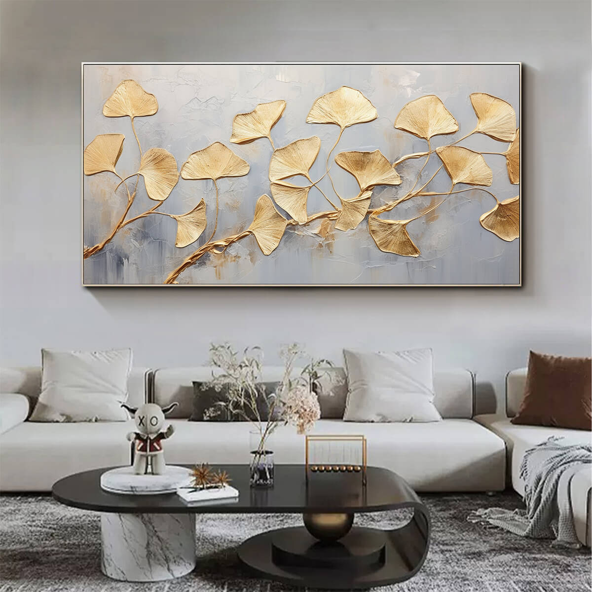 GOLDEN WHISPERS: Textured Ginkgo Leaf Oil Painting in Gold