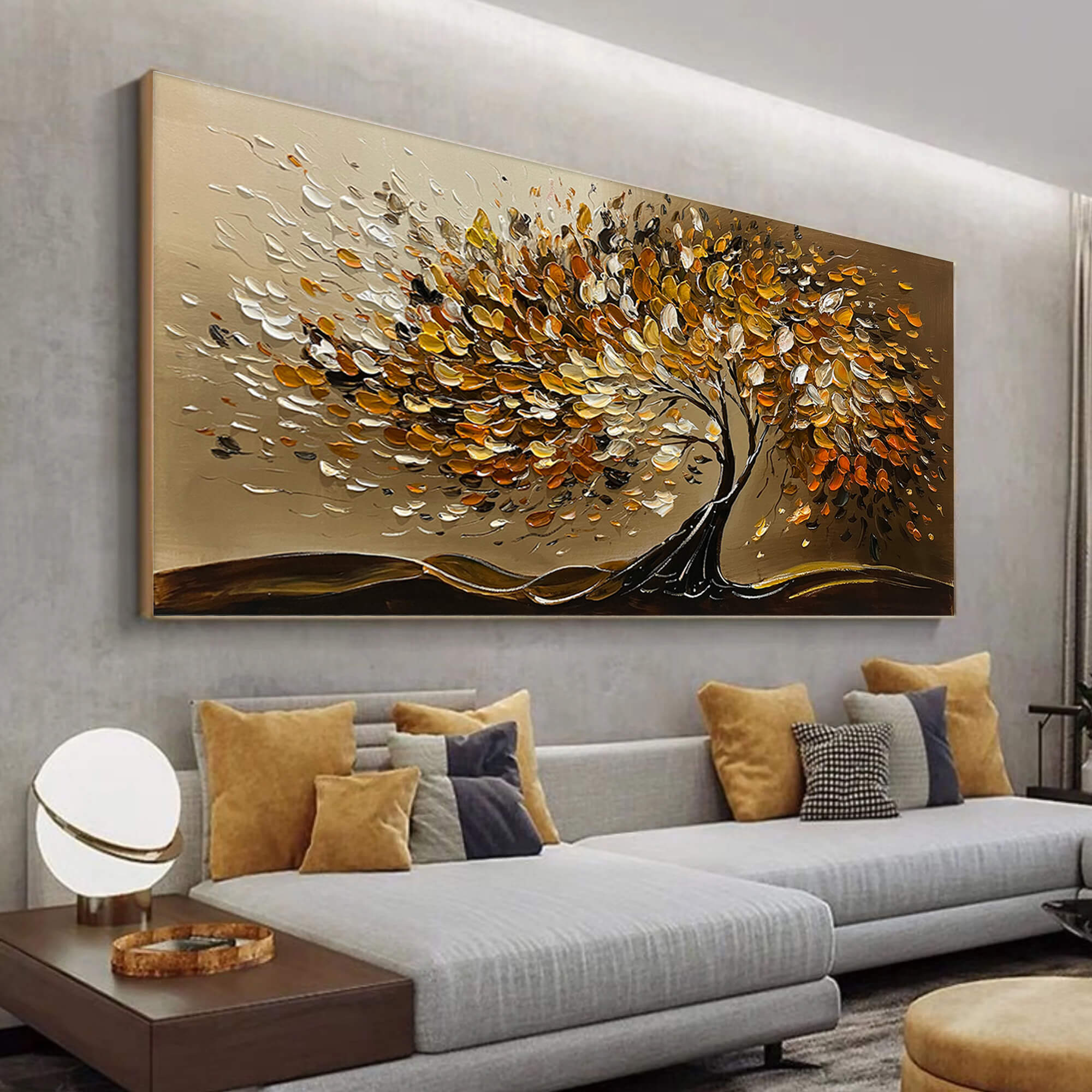 GOLDEN WHISPERS: Textured Golden Tree Impasto Oil Painting