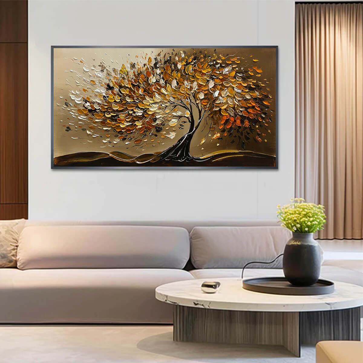 Golden Whispers: Textured Golden Tree Impasto Oil Painting Canvas Wall Art Nature Decor