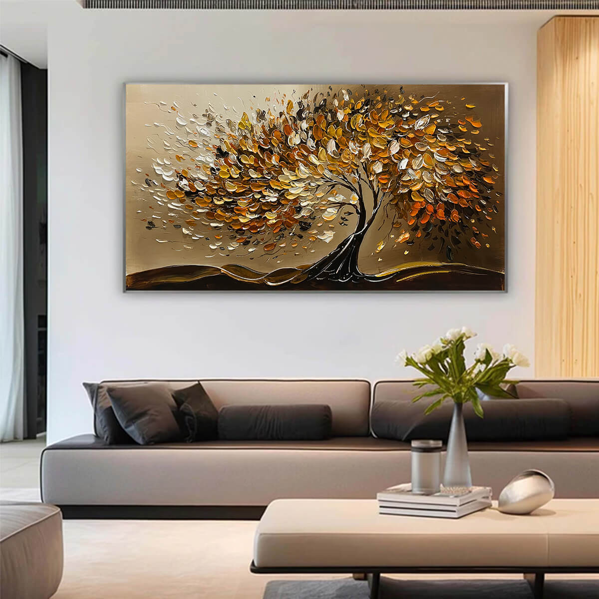 GOLDEN WHISPERS: Textured Golden Tree Impasto Oil Painting