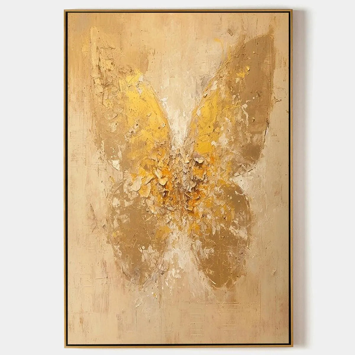 Gold Butterfly Painting, Textured Wall Art, Vertical Canvas, Beige and Gold Decor