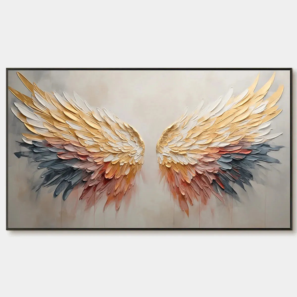 Panoramic Angel Wings Painting, Textured Wall Art, Gold, Beige, Living Room, Bedroom