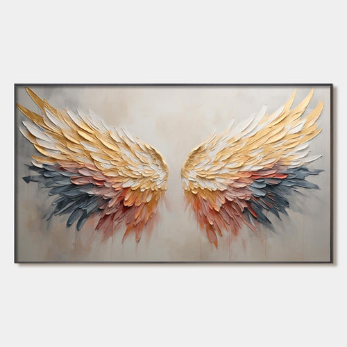 Golden Wings: Panoramic Angel Wings Painting | Textured Wall Art | Gold & Beige | Living Room & Bedroom