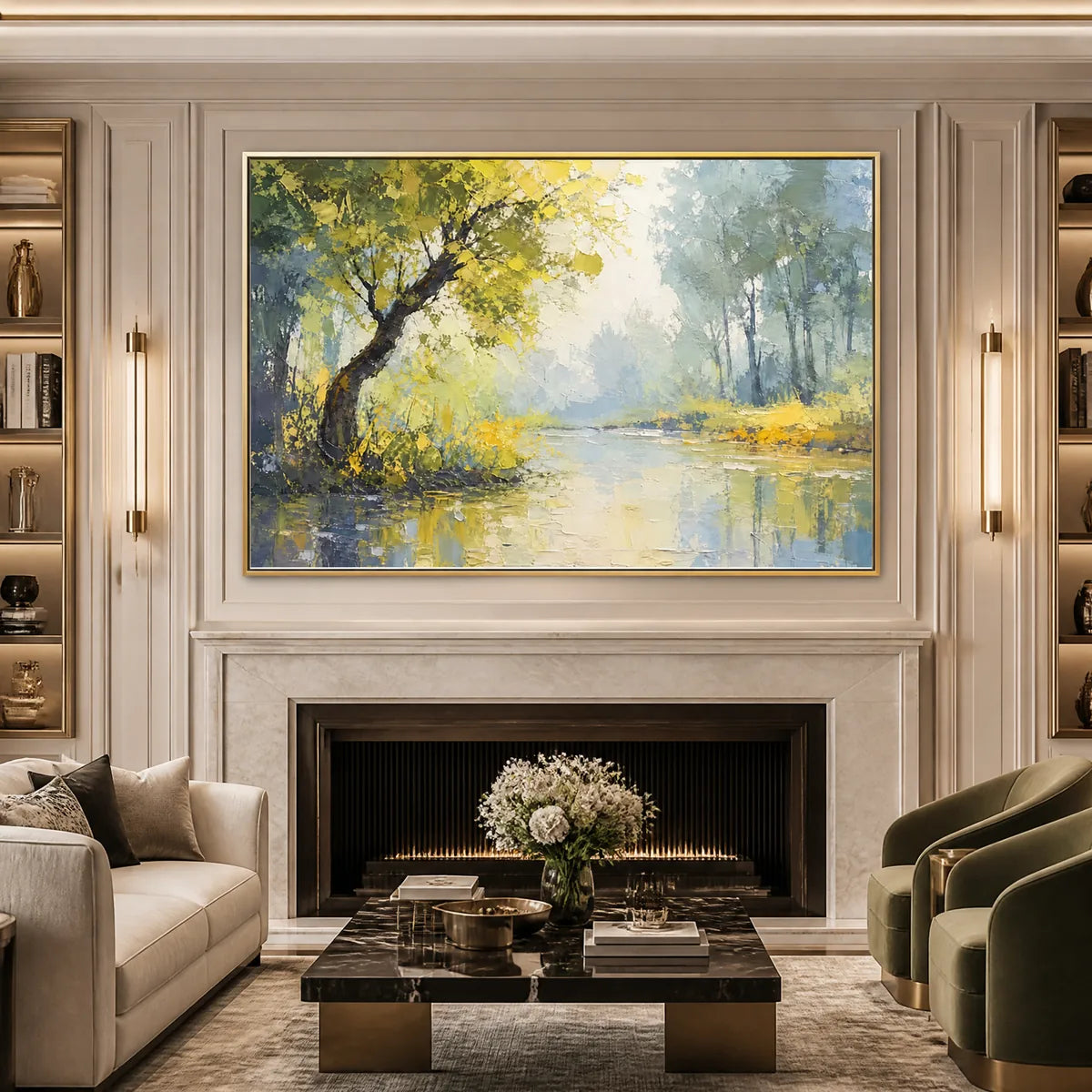 GREEN HAVEN: Green Forest Lake Painting