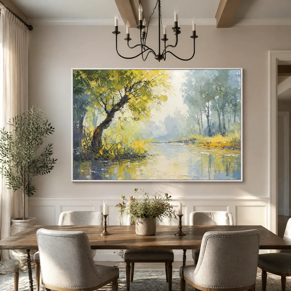 Modern impressionist oil painting of lakeside trees with heavy impasto brushstrokes, set in a clean white frame, showcased in a bright and elegant dining room interior.