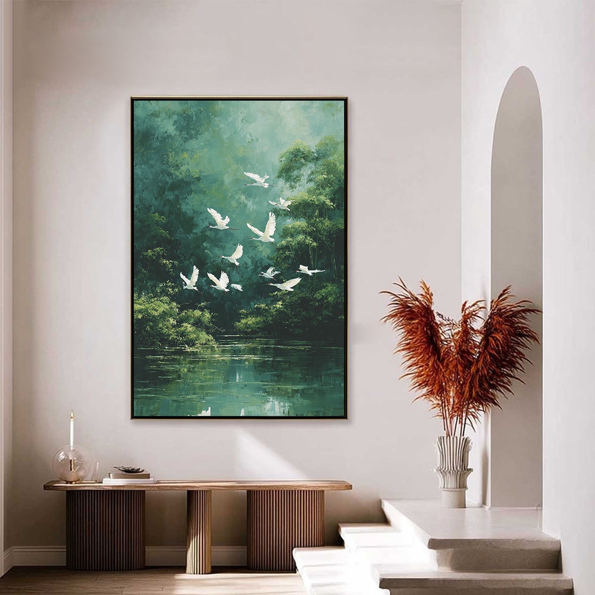 GREEN HAVEN: Serene Forest Landscape with Flying Egrets Painting
