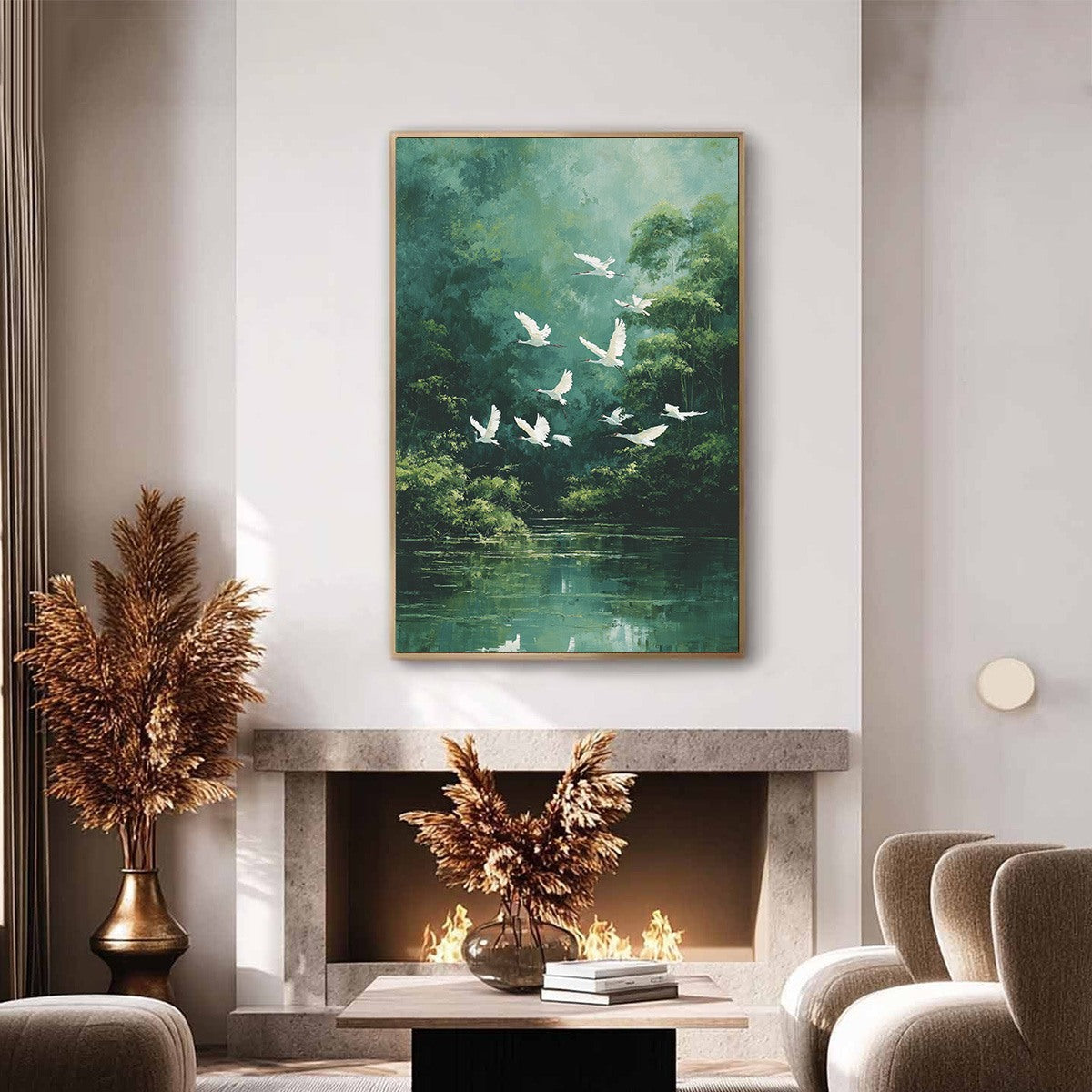 GREEN HAVEN: Serene Forest Landscape with Flying Egrets Painting