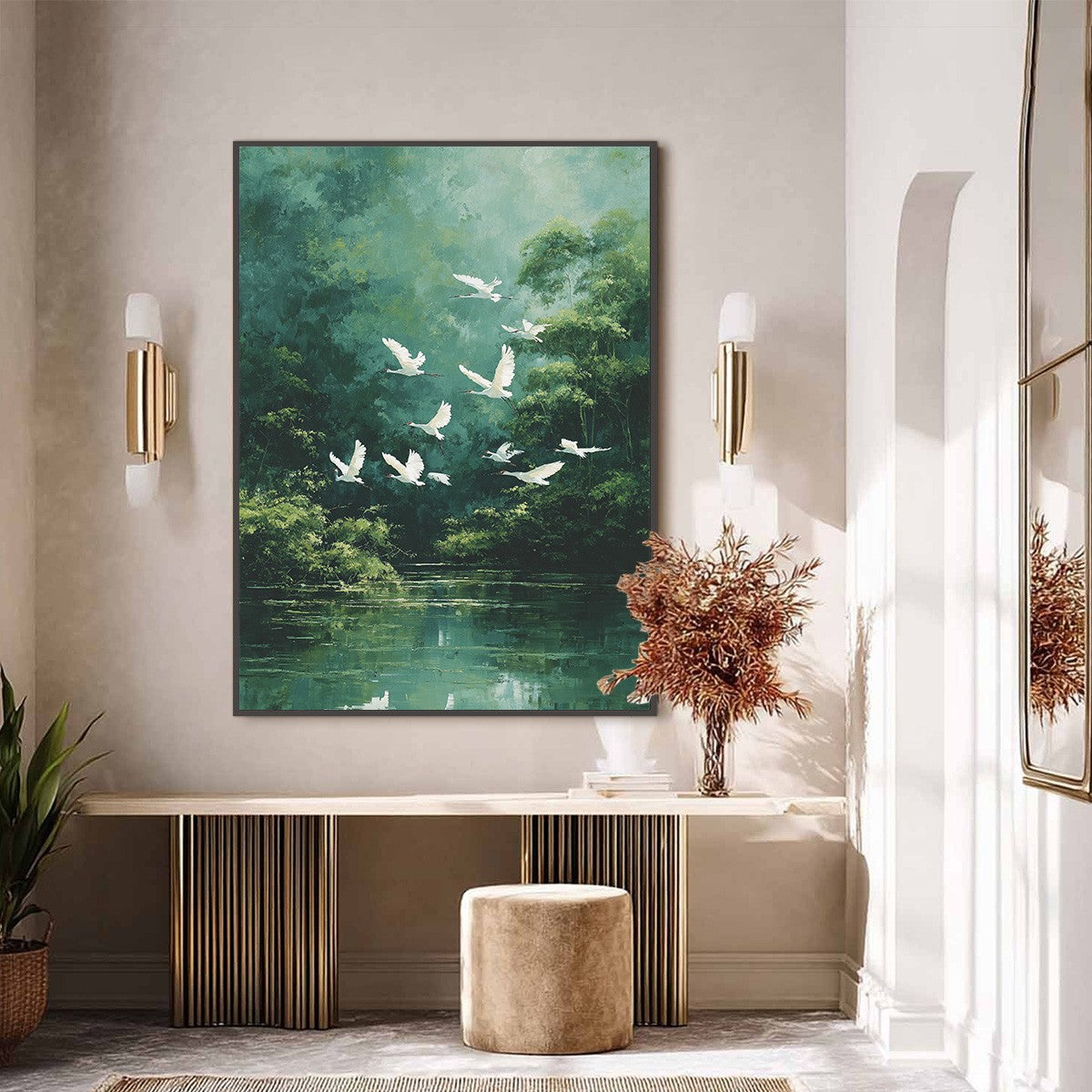 GREEN HAVEN: Serene Forest Landscape with Flying Egrets Painting
