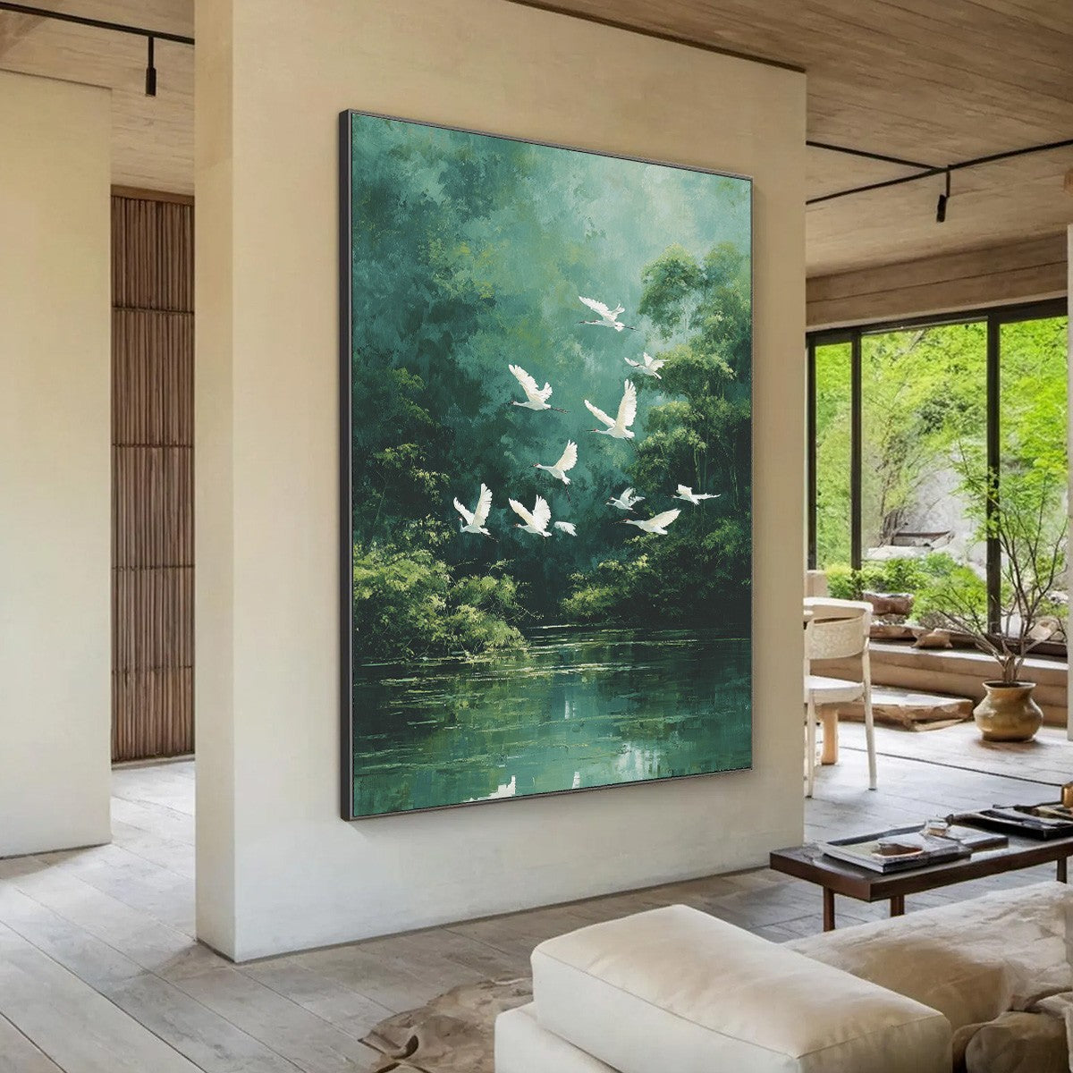 GREEN HAVEN: Serene Forest Landscape with Flying Egrets Painting