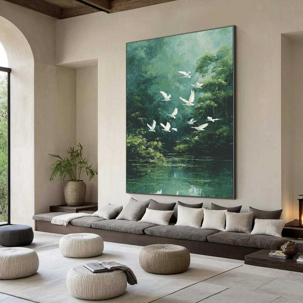 GREEN HAVEN: Serene Forest Landscape with Flying Egrets Painting