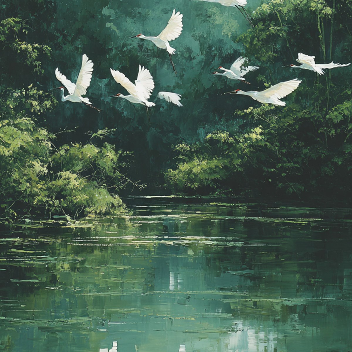 GREEN HAVEN: Serene Forest Landscape with Flying Egrets Painting