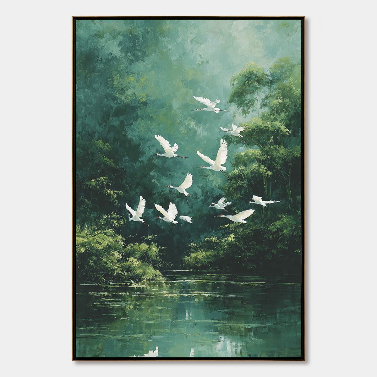 GREEN HAVEN: Serene Forest Landscape with Flying Egrets Painting