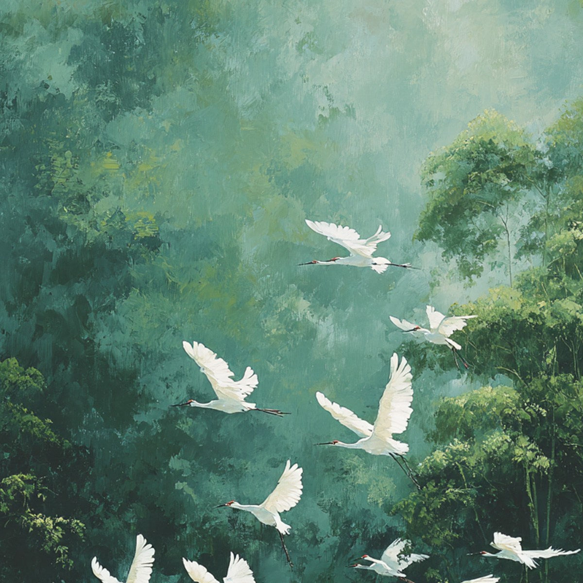 GREEN HAVEN: Serene Forest Landscape with Flying Egrets Painting
