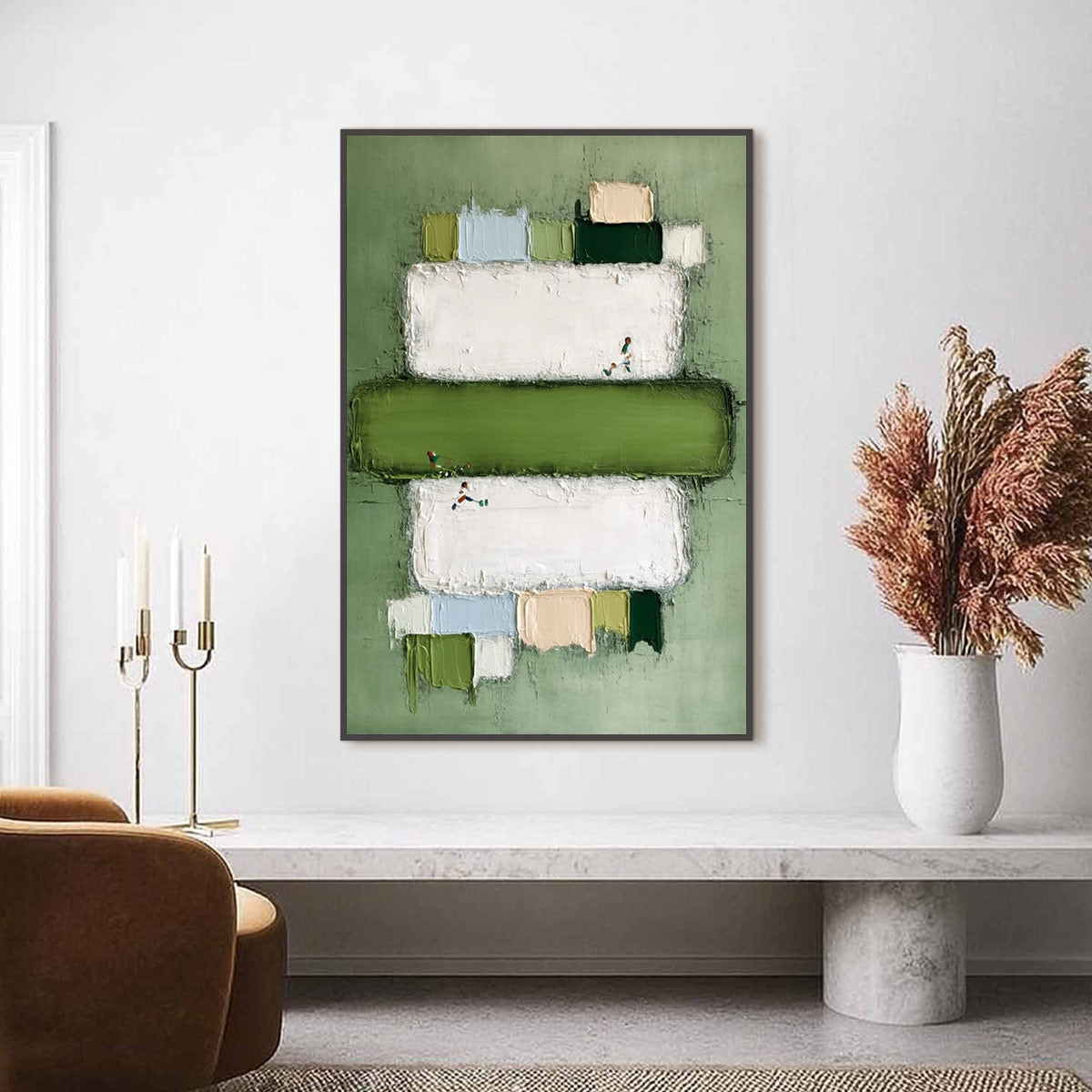 GREENFIELD ARENA: Textured Abstract Sports Painting with Minimalist Green Tones