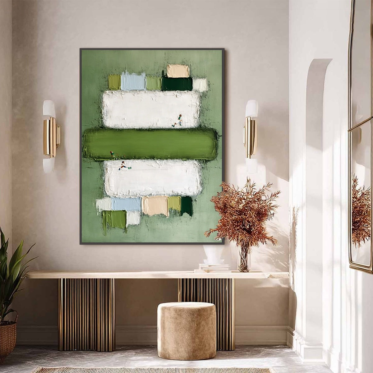 GREENFIELD ARENA: Textured Abstract Sports Painting with Minimalist Green Tones