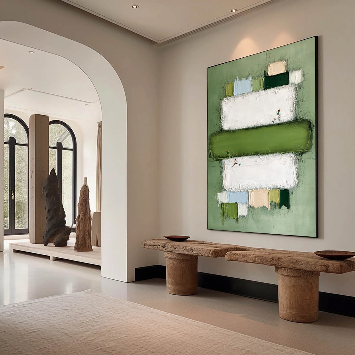 GREENFIELD ARENA: Textured Abstract Sports Painting with Minimalist Green Tones