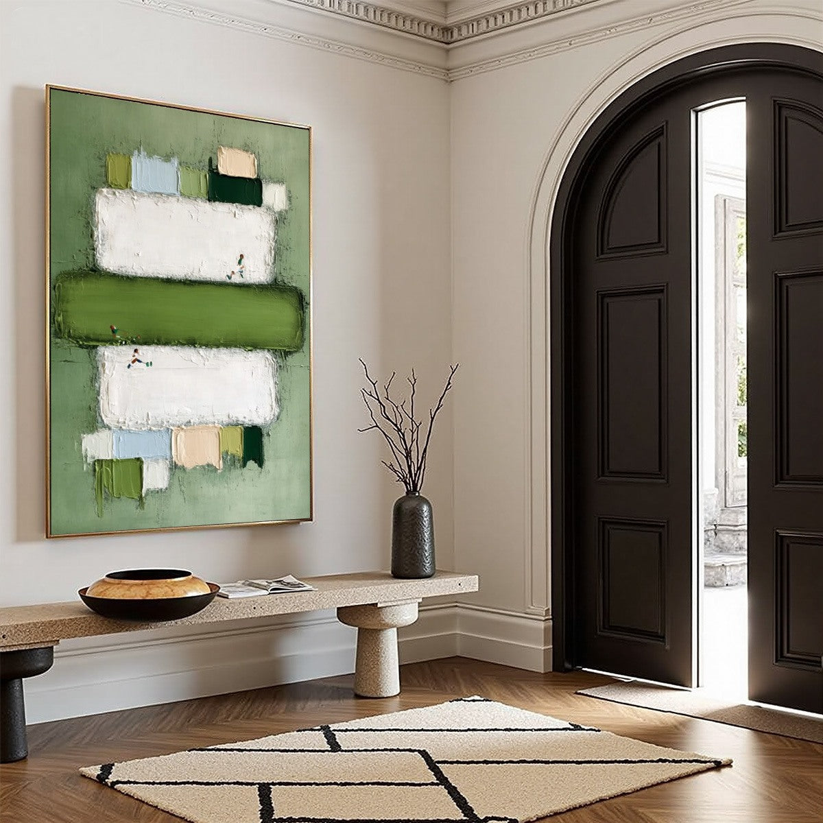 GREENFIELD ARENA: Textured Abstract Sports Painting with Minimalist Green Tones