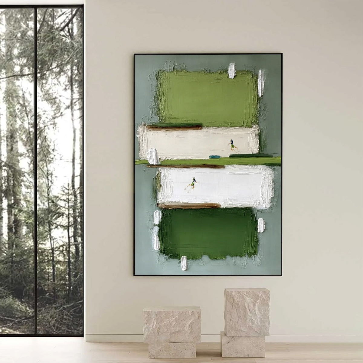 GREENFIELD DASH: Textured Abstract Sports Painting in Green and White