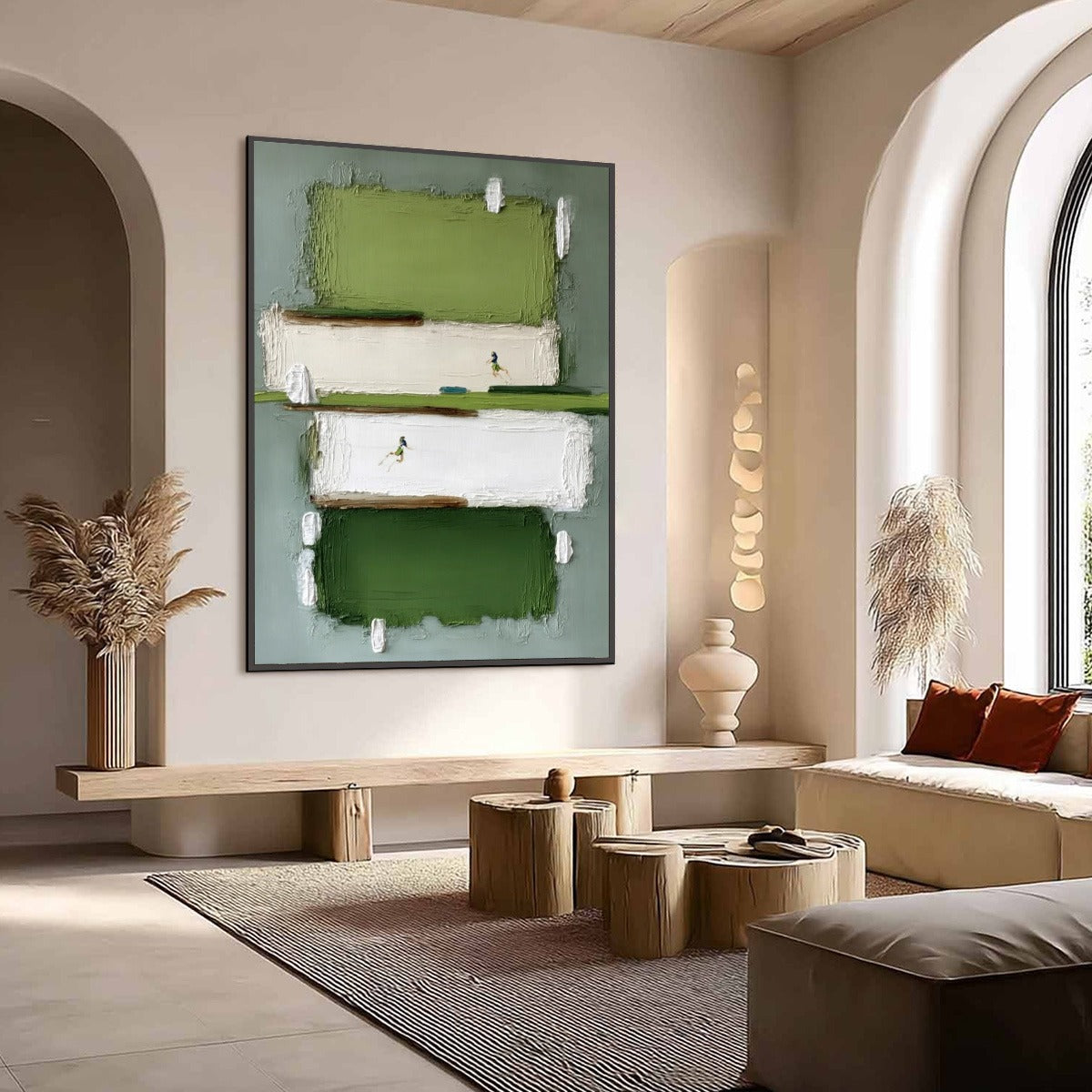 GREENFIELD DASH: Textured Abstract Sports Painting in Green and White