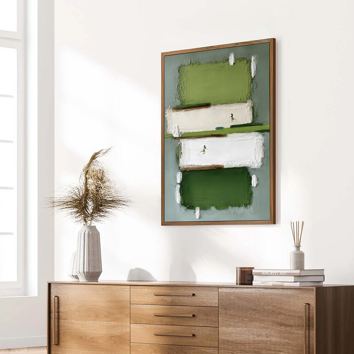 GREENFIELD DASH: Textured Abstract Sports Painting in Green and White
