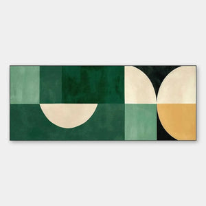 Green Geometric Panoramic abstract painting with cream and mustard accents, minimalist wall art for modern decor.