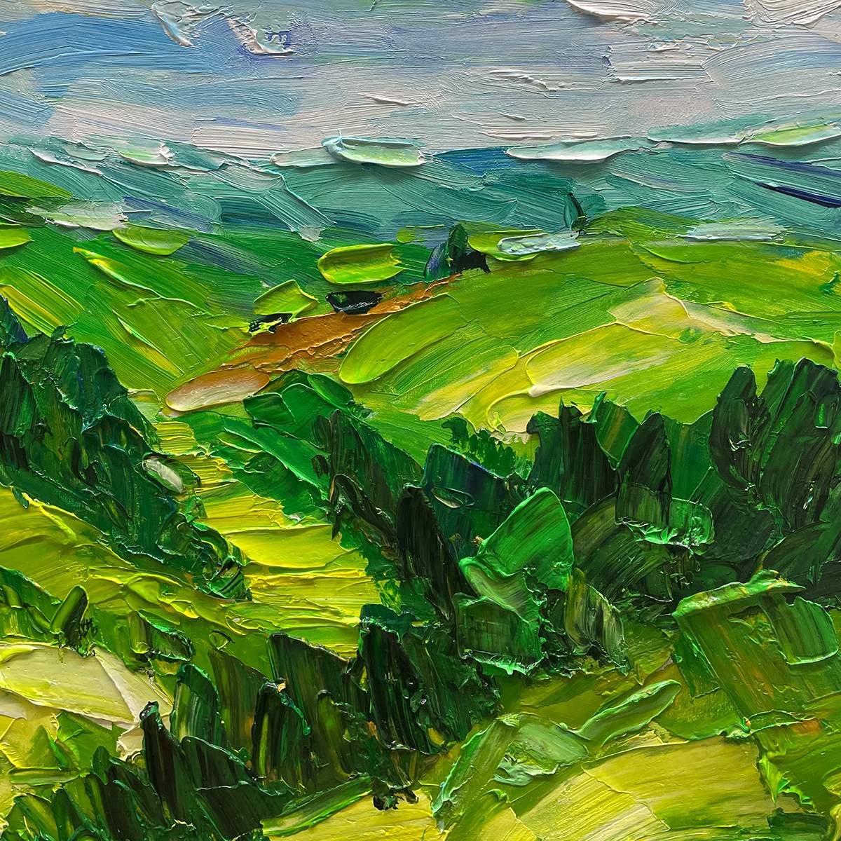 Green Valley Vista: Textured Landscape Painting | Impasto Wall Art