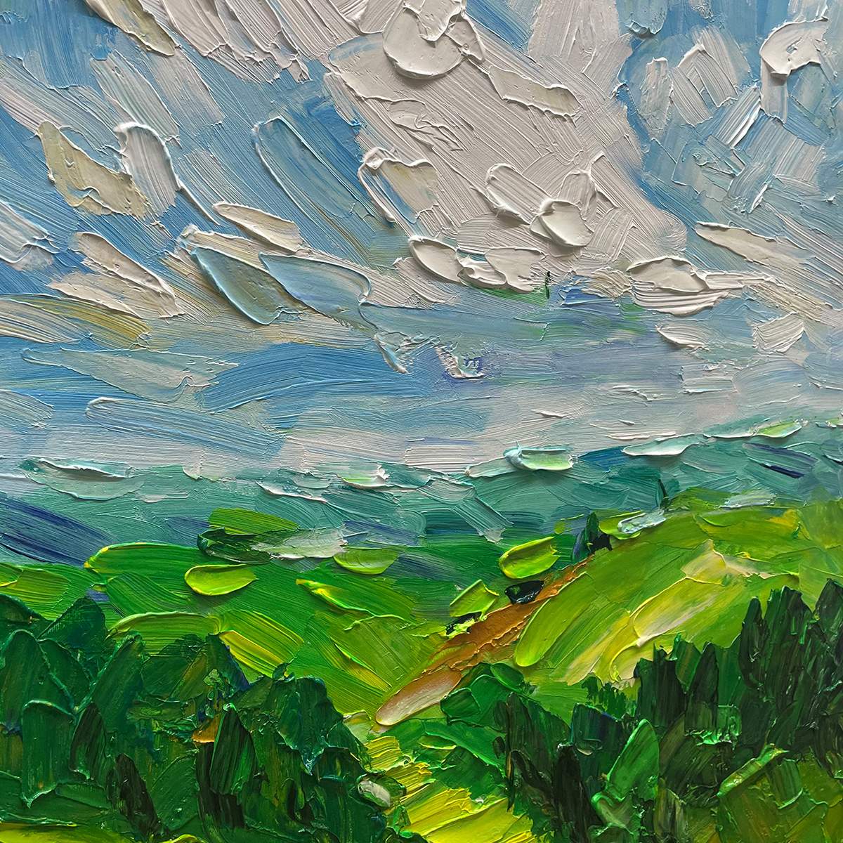 Green Valley Vista: Textured Landscape Painting | Impasto Wall Art
