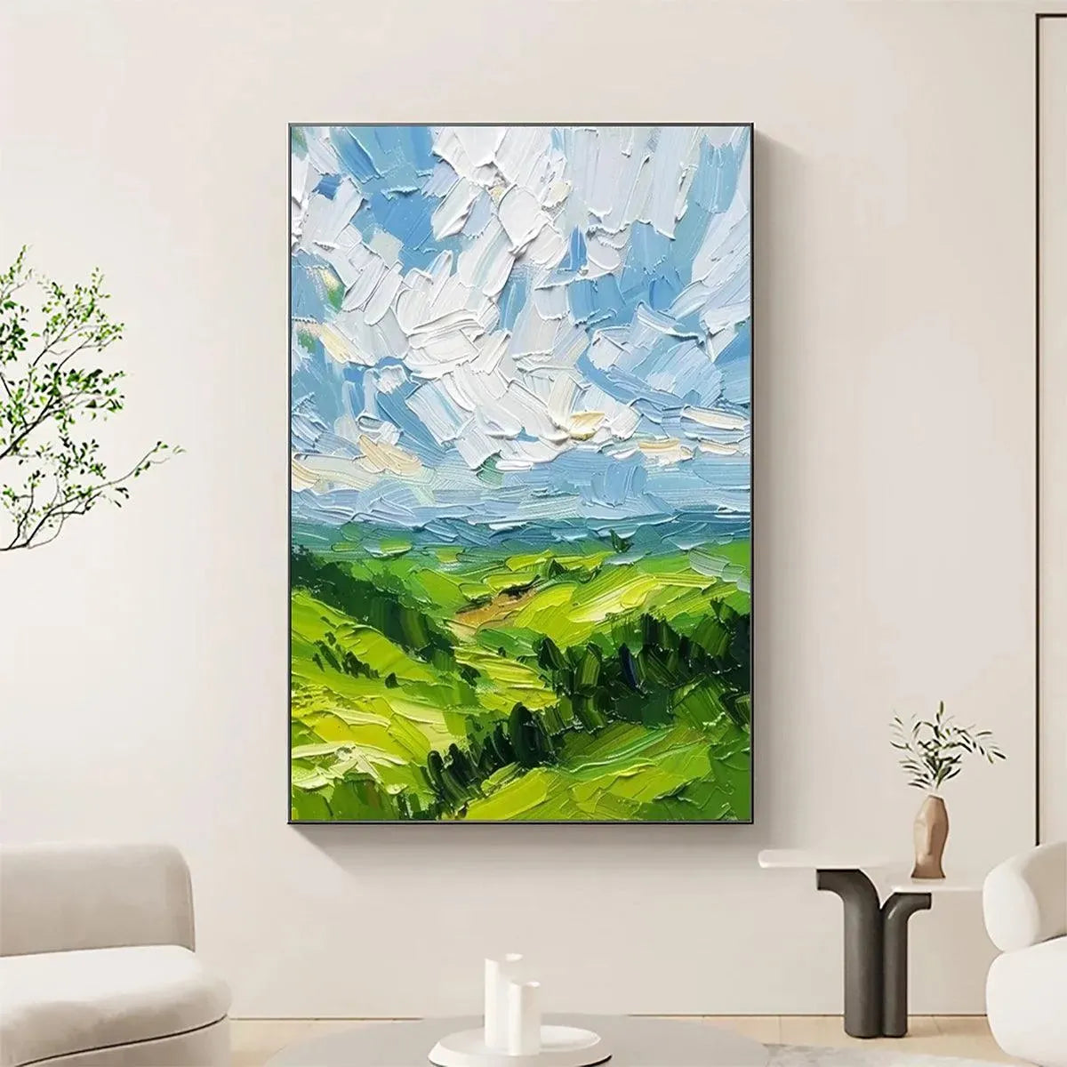Green Valley Vista: Textured Landscape Painting | Impasto Wall Art