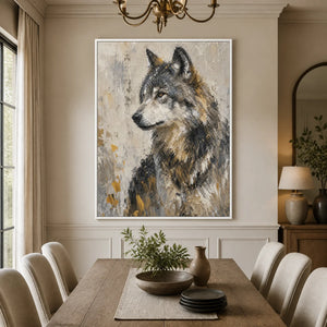 Textured wolf portrait painting in neutral tones, framed in white, displayed in a refined dining room.