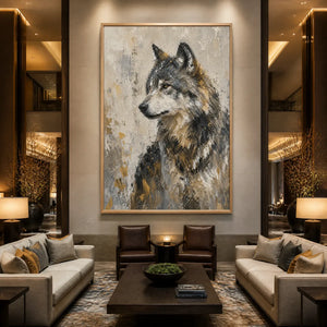 Textured wolf portrait painting in neutral tones, framed above a modern fireplace.