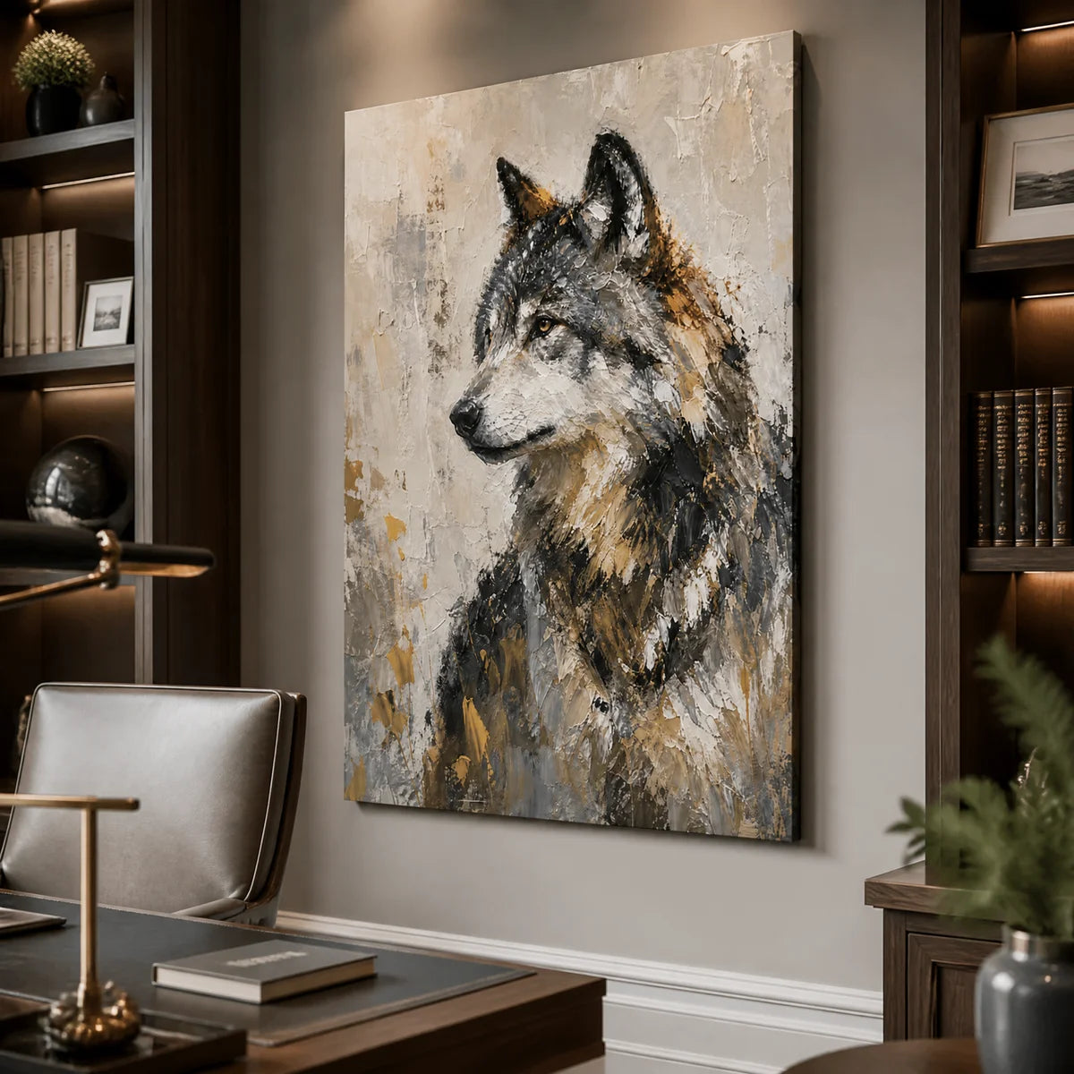 Textured wolf portrait painting in a luxury office, grey and gold modern wall art.