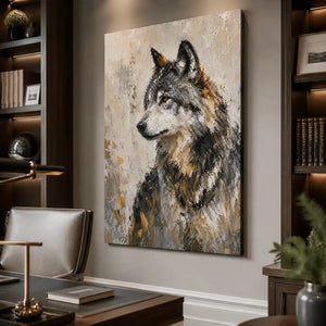 Textured wolf portrait painting in a luxury office, grey and gold modern wall art.