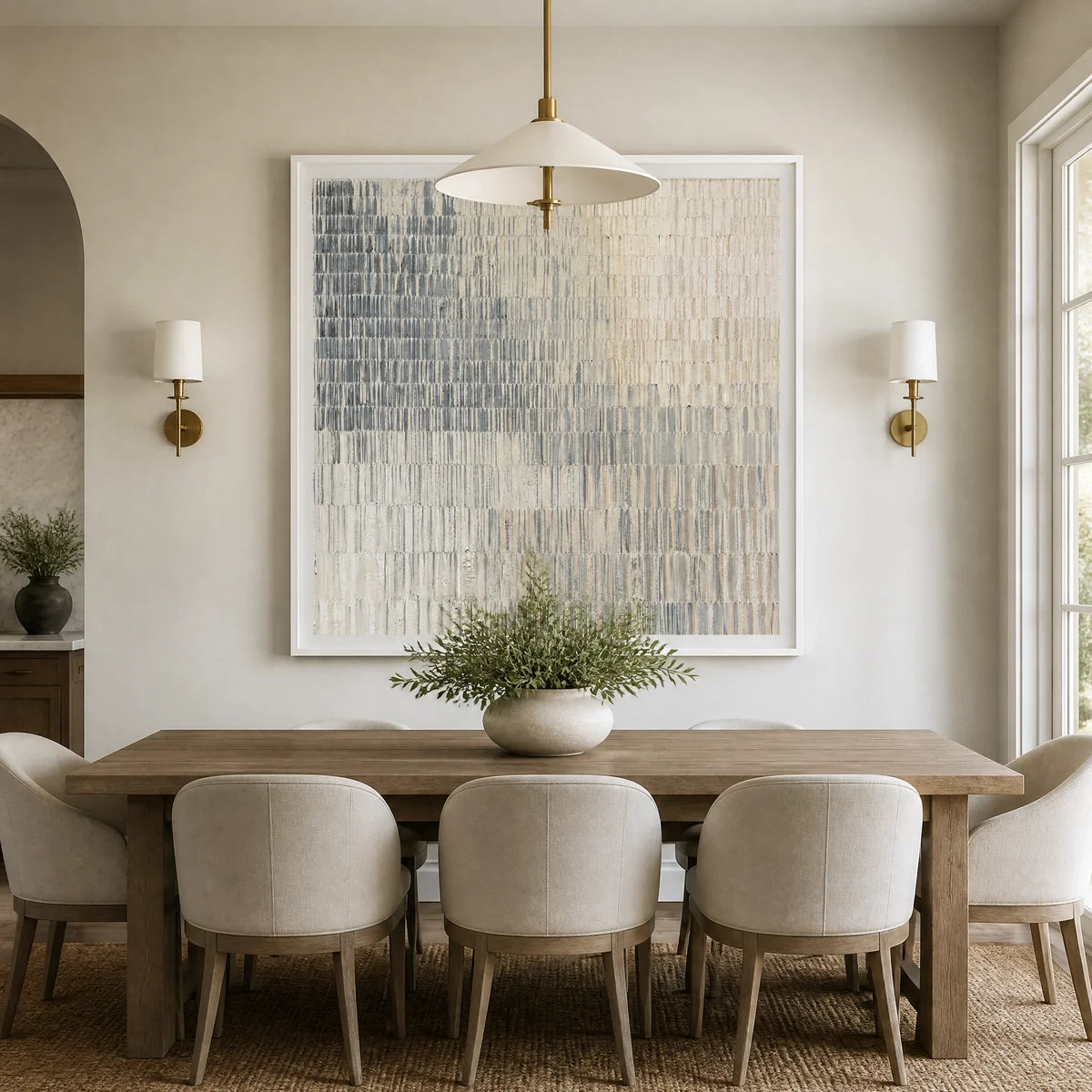 Modern abstract artwork with vertical patterns and blended colors, set in a bright, transitional dining room.