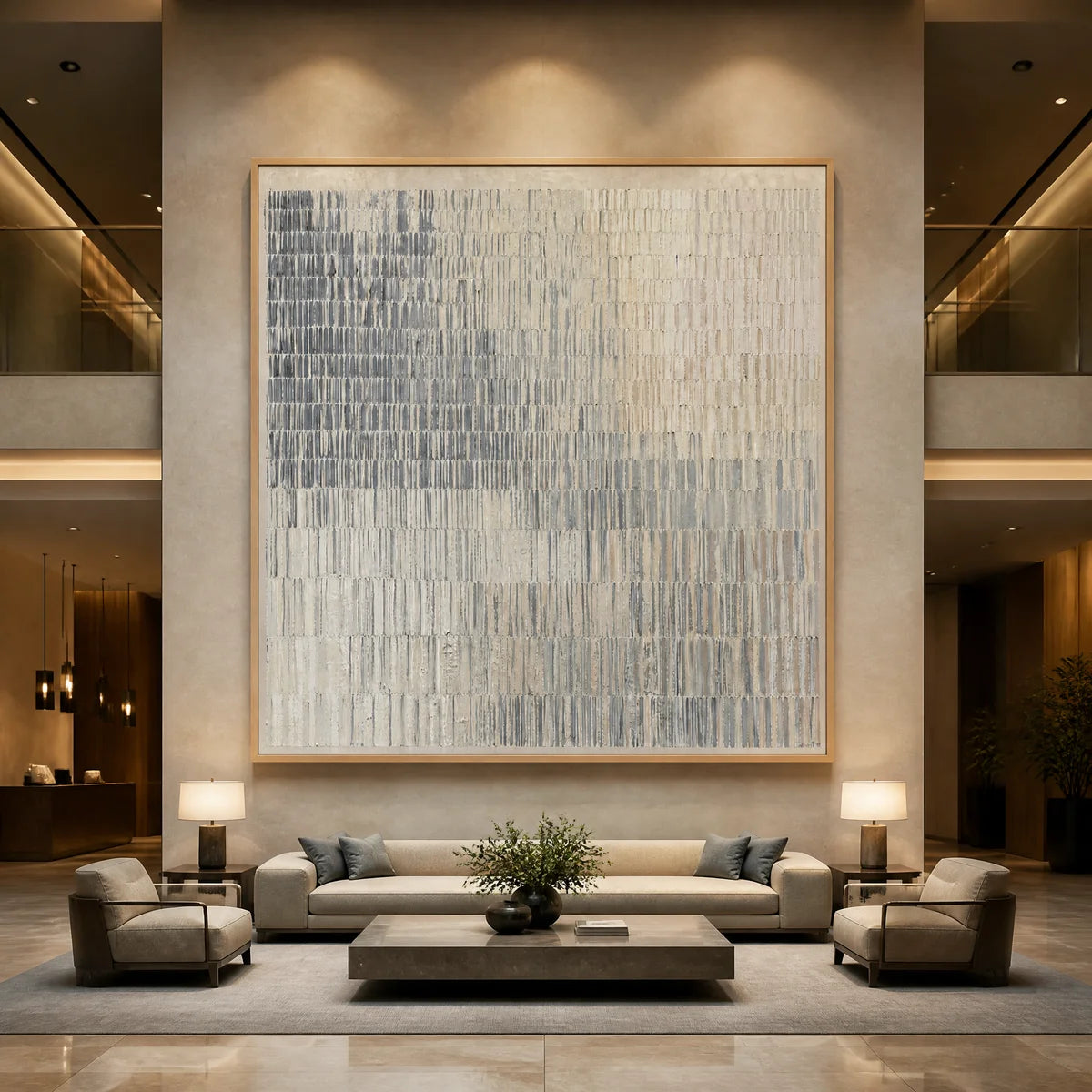 Large-scale modern abstract painting with vertical texture and grey-to-beige gradient, displayed in a luxury hotel lobby.