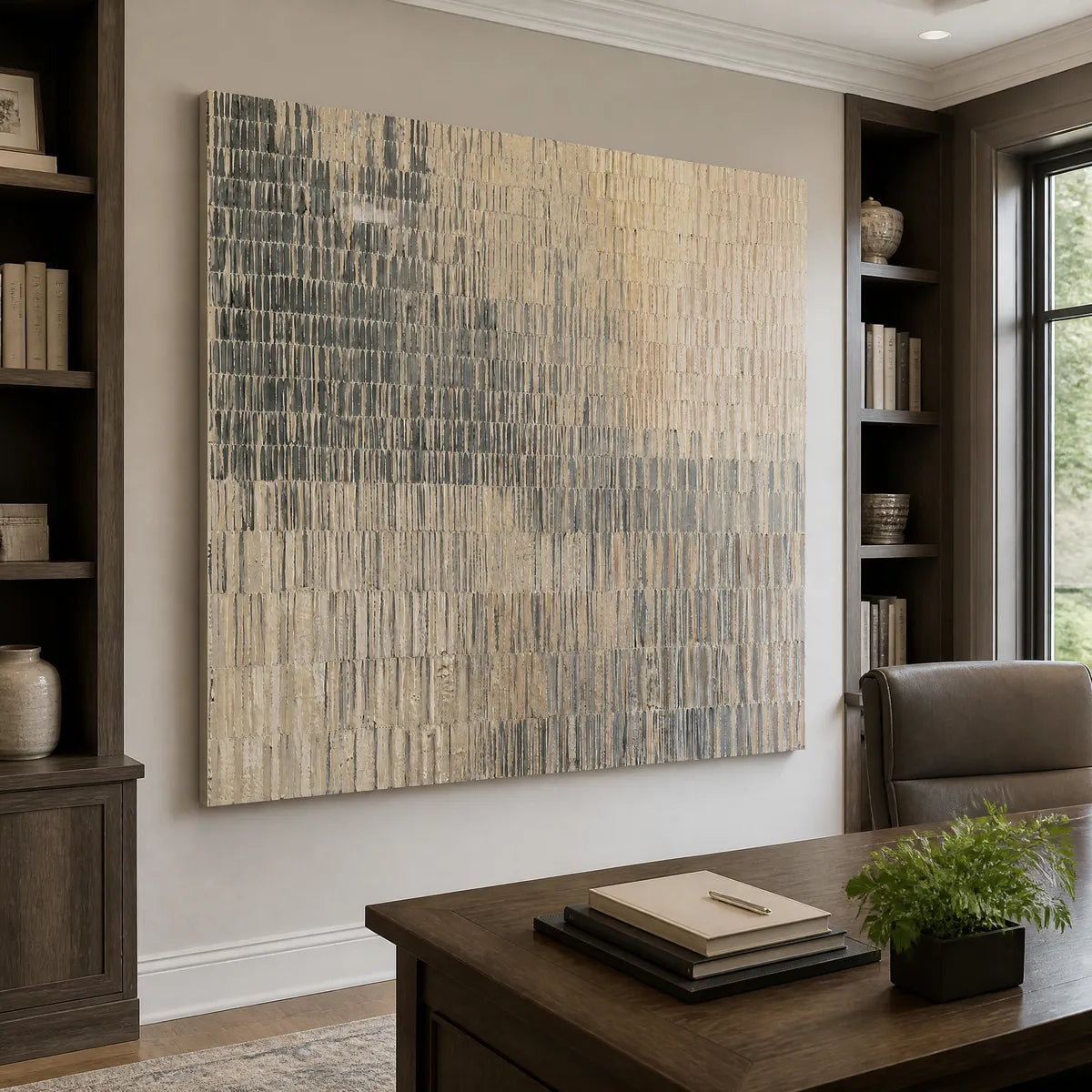 Textured abstract canvas art featuring vertical brushstrokes and neutral tones, hanging in a professional home office.
