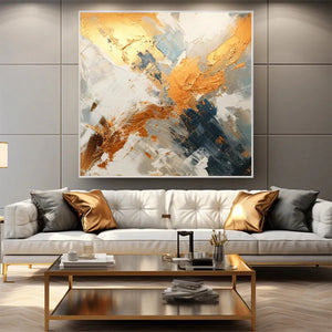 Gilded Confluence: Square Abstract Oil Painting with Gold, and Grey on Canvas
