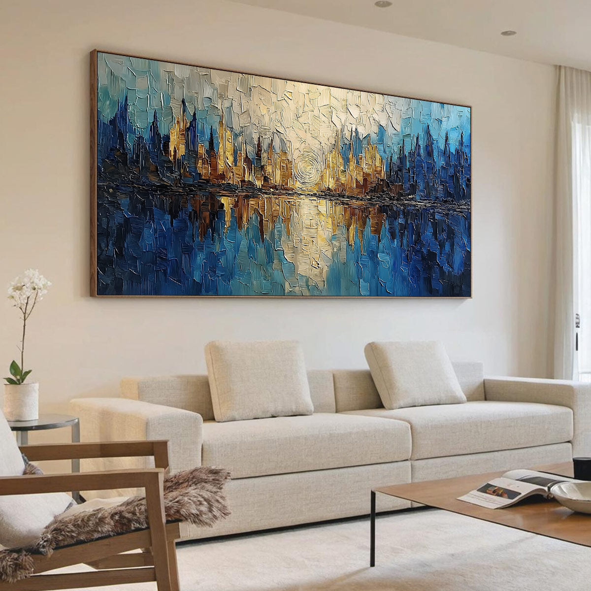 Golden Horizon Abstract Cityscape Textured Oil Painting Wall Art