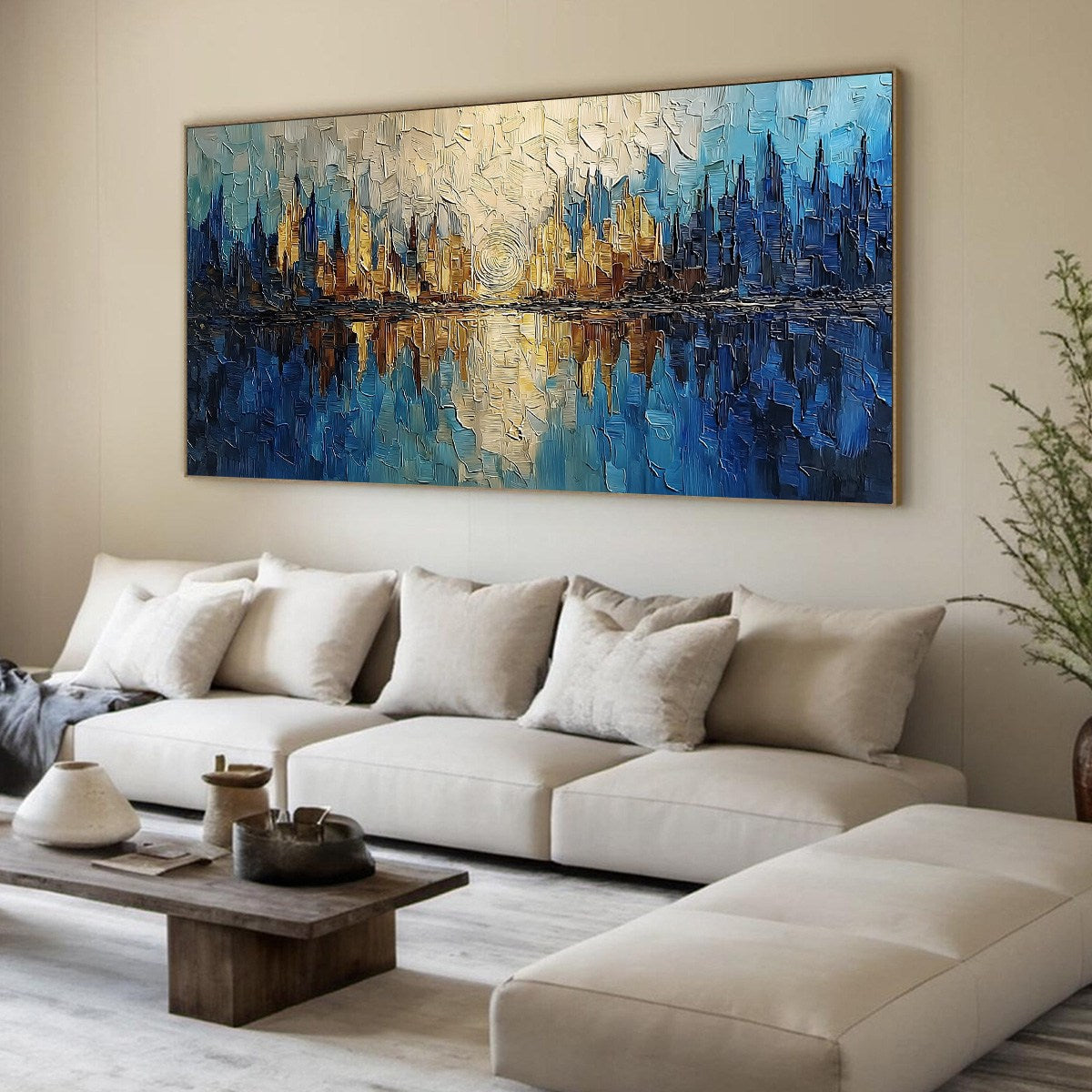 Golden Horizon Abstract Cityscape Textured Oil Painting Wall Art