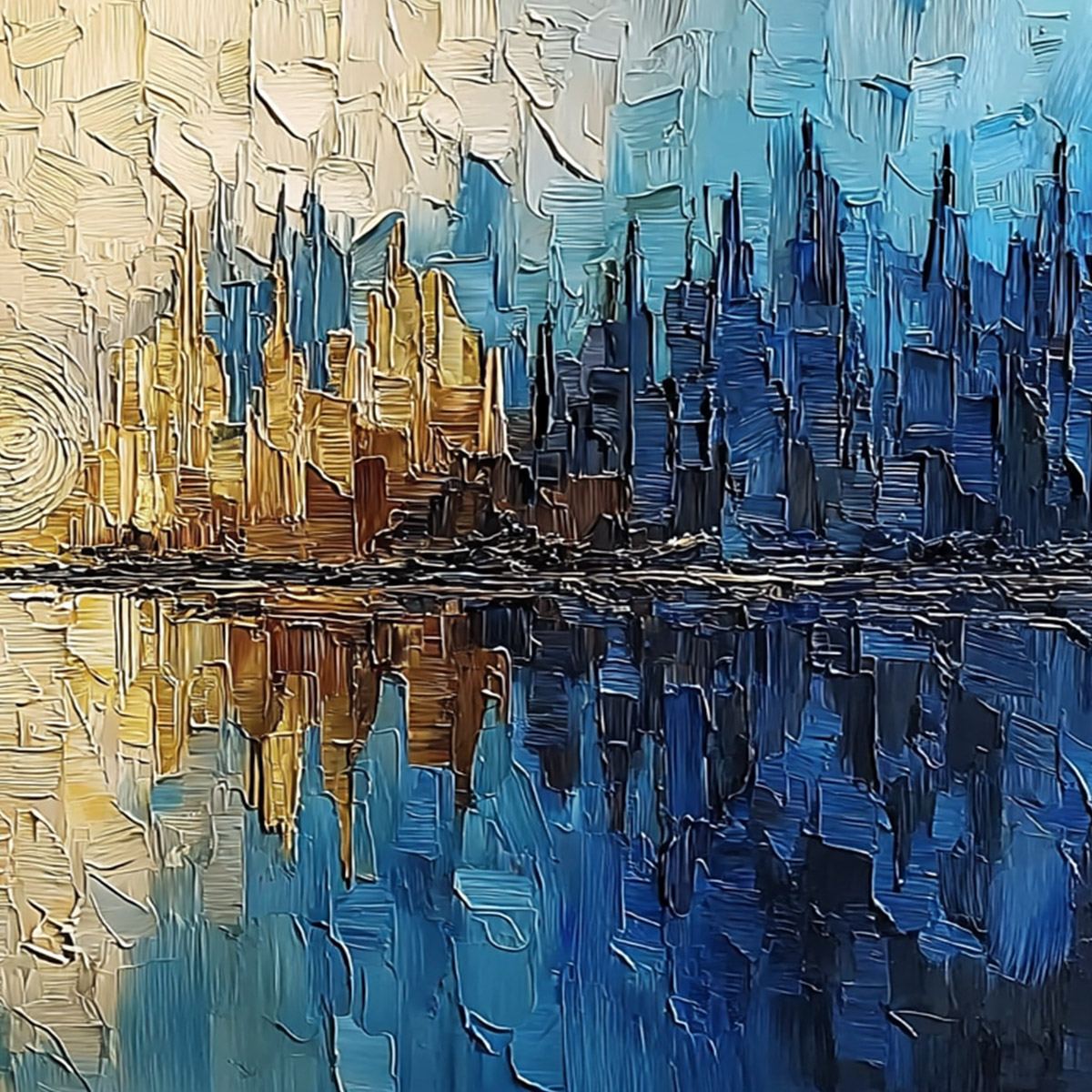 Golden Horizon Abstract Cityscape Textured Oil Painting Wall Art