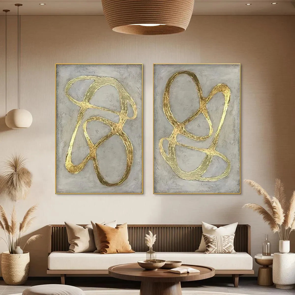 Golden Abstract Diptych set of 2 vertical paintings, abstract gold lines on gray background, gold frames above sofa.