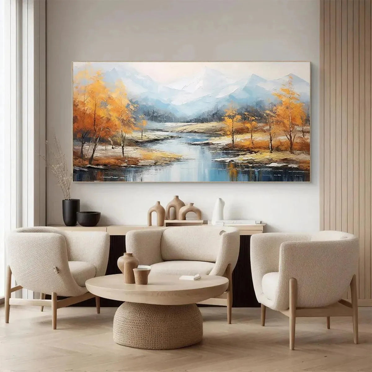 Golden Autumn Valley original landscape painting with yellow trees and blue river displayed in modern living room.
