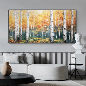 Golden Birch Grove original oil painting with white birch trunks and golden foliage in modern living room.