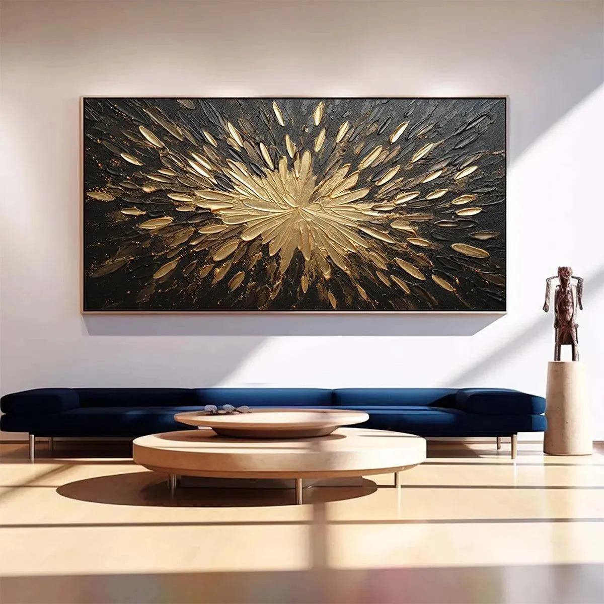 Golden Burst abstract impasto painting with textured gold strokes on black background, artwork texture.