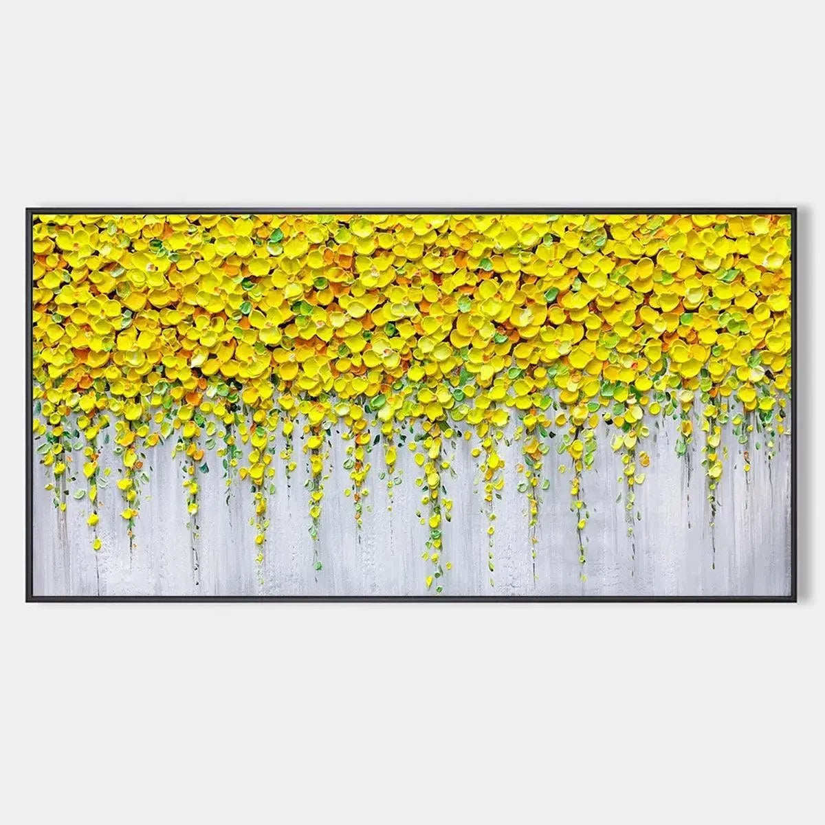 Textured yellow floral painting 'Golden Cascade' by Elodie Dubois on grey background, impasto technique.