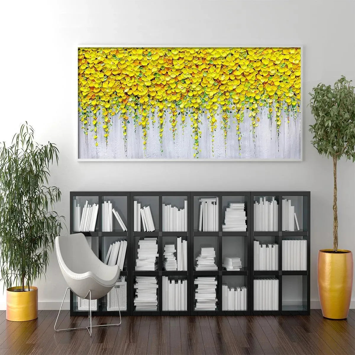 Golden Cascade textured yellow floral painting by Elodie Dubois shown in a living room above a bookshelf.