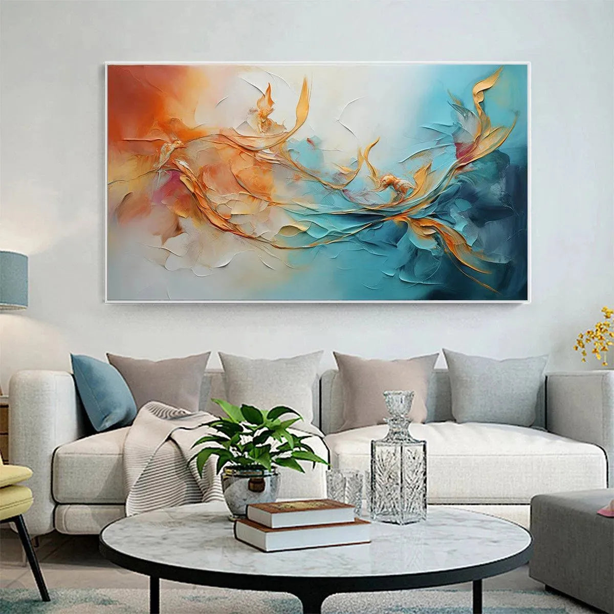 Golden Currents: Panoramic Abstract Teal and Gold Oil Painting on Canvas