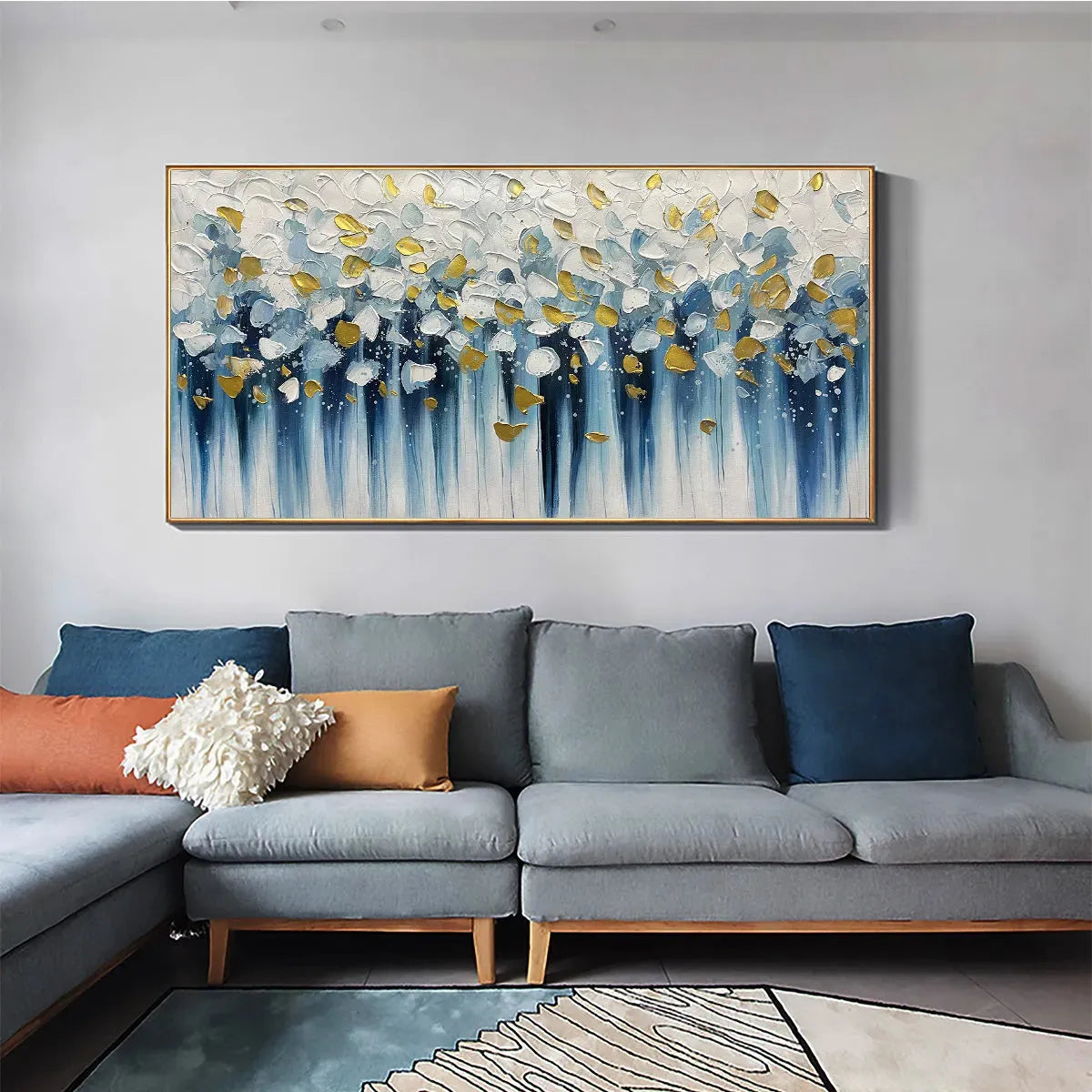 Golden Falls: Abstract Painting | Blue & Gold | Textured Canvas | Modern Wall Art